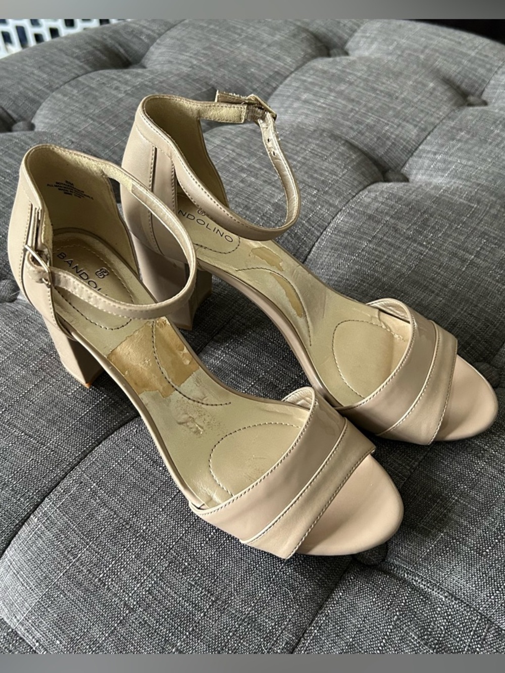 Bandolino Nude Beige Patent Ankle-Strap Block Heels size 8 see description